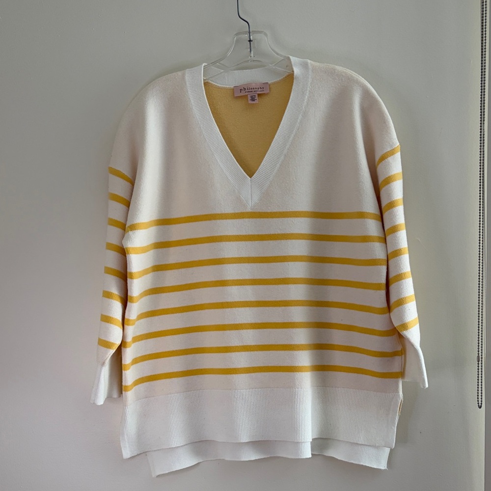 Philosophy Cream Sweater with Yellow Stripes V-Neck Sz 1X